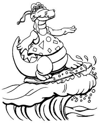 Advertising line art illustration of a crocodile and an inflatable surf toy
